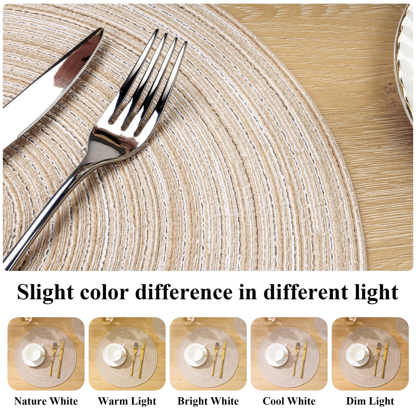 SHACOS Round Braided Placemats Set of 4 Round Table Mats for Dining Tables 15 inch Non Slip Washable Kitchen Table Place Mats Natural Farmhouse Decor (Beige, 4)