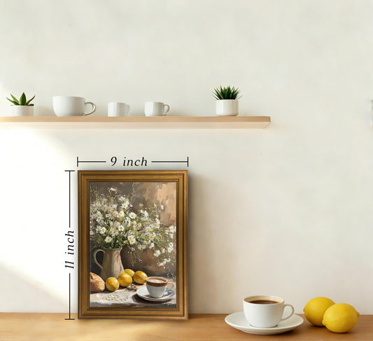 Gold Framed Vintage Floral Still Canvas Wall Art Lemon Kitchen Coffee Painting Picture Wall Decor Neutral Daisy Rustic Country Poster Print Artwork for Kitchen Livingroom Diningroom Home Decoration