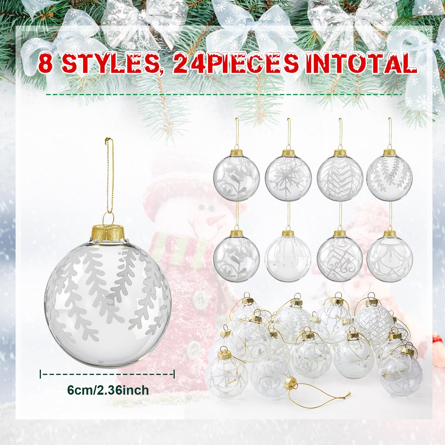 Liliful 24 Pcs Clear Glass Christmas Ball Ornaments 2.36 Inch Glass Christmas Tree Decorations Xmas Tree Hanging Balls Ornaments Decoration for Trees Xmas Holiday Party Decor Gift