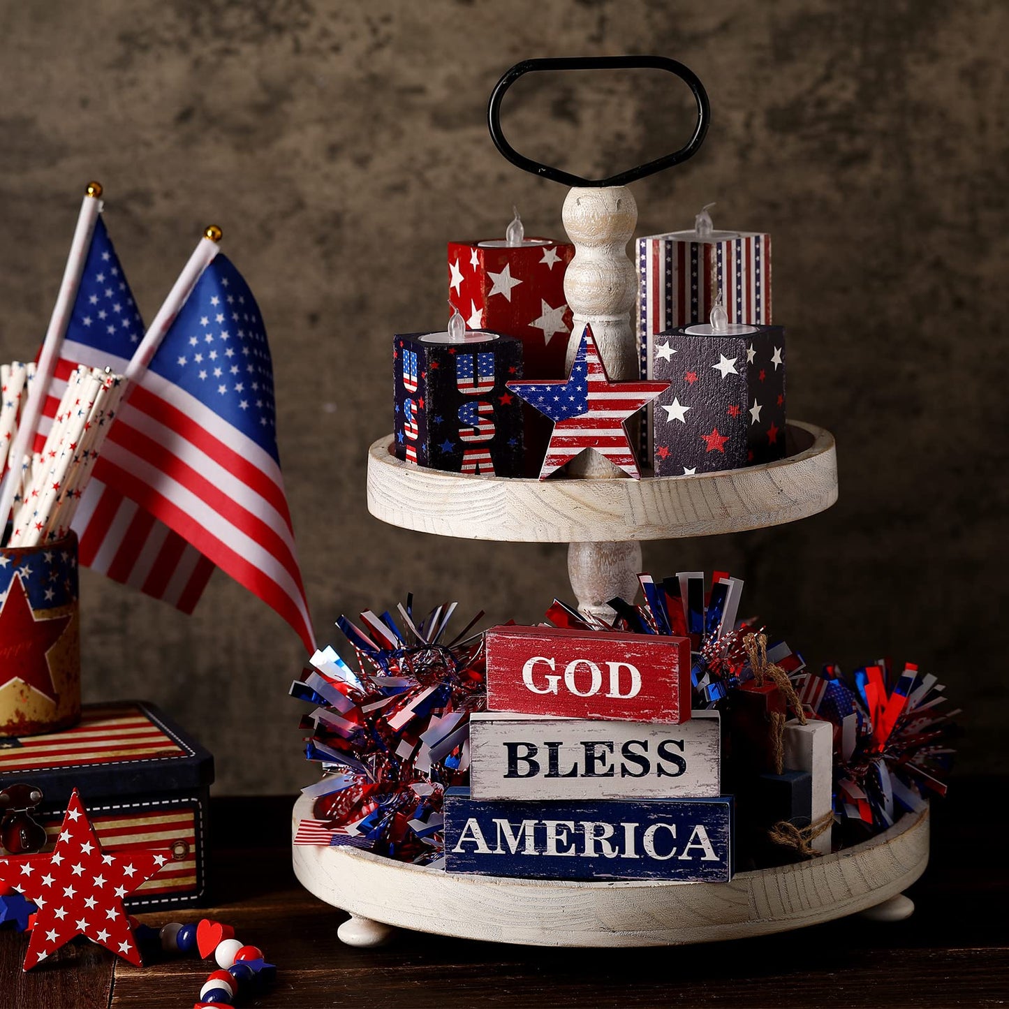 Huquary 4 Pcs 4th of July Decorations Patriotic Memorial Day Table Sign Independence Day Table Wood Decorations Red White Blue Block for Office Tiered Tray Home Shelf 250th Anniversary(Flag)