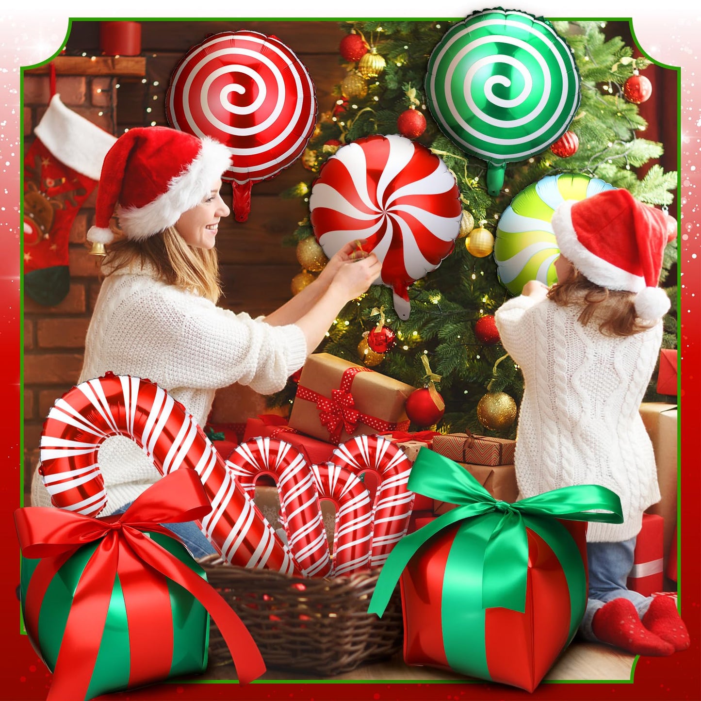 Arrowbash 72 Pcs Christmas Balloons Decorations Set Candy Cane Gift Box Foil Balloons Set Red and Green Lollipop Decorations for Christmas Xmas Theme Birthday Holiday Party