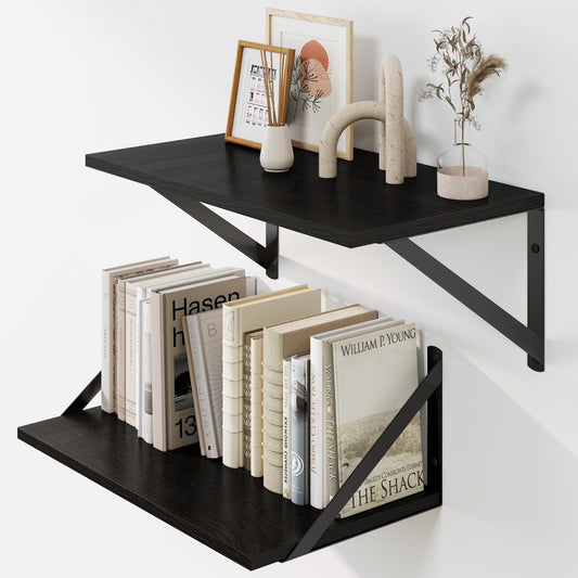 Heimlove Black Deep Floating Shelves for Wall, 16W x 8D Wood Wall Shelves Set of 2, Wide Floating Bookshelf for Living Room, Kitchen, Office, Bedroom and Decor Storage, with Metal Bracket - Black