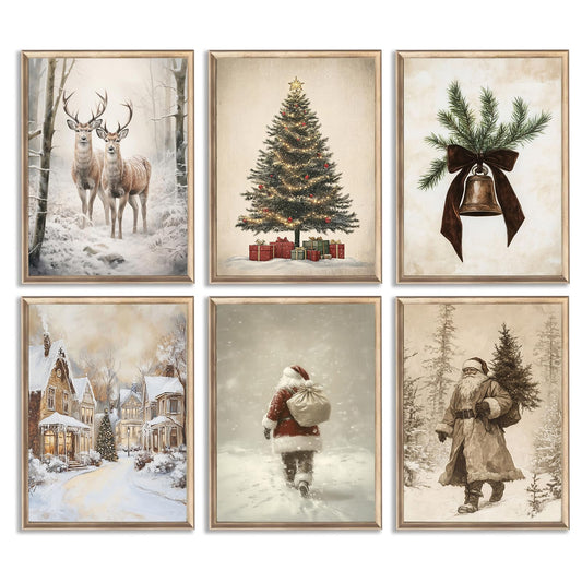 Aroutde 6Pcs Christmas Canvas Wall Art, Vintage Winter Christmas Decor Prints Santa Claus Xmas Tree Reindeer Posters Snow Scene Holiday Decoration for Living Room Bedroom (8x10In, Unframed)