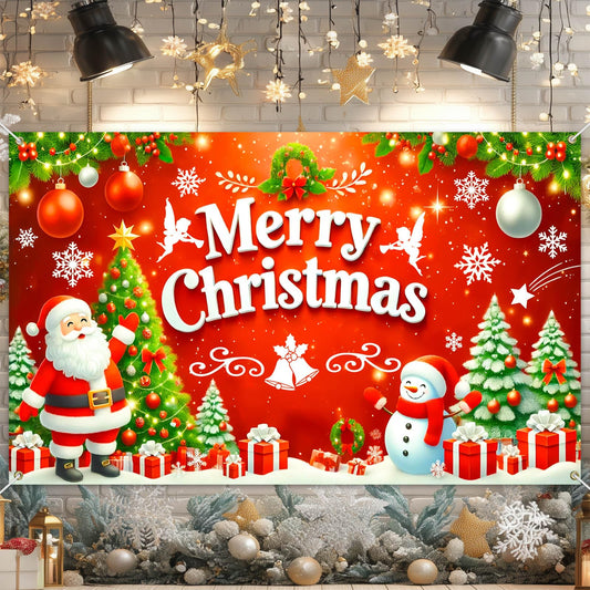BlissYard Merry Christmas Banner 71x43 Inch Santa Claus Snowman Christmas Tree Gift Box Red Backdrop for Indoor Outdoor Xmas Party Wall Decor Holiday Celebration Decorations