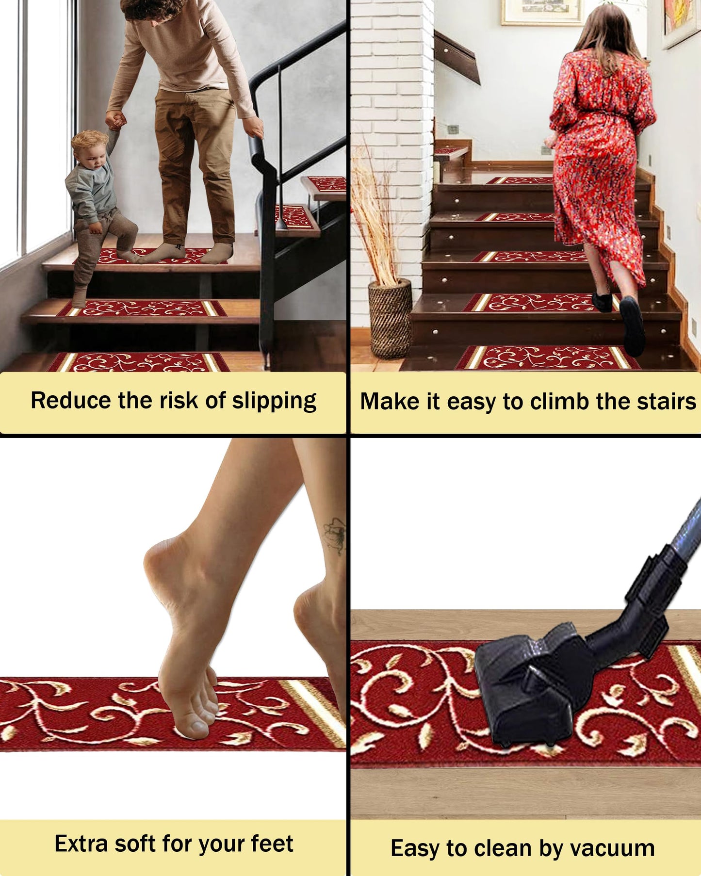 Gloria Stair Treads Carpet Non-Slip Stair Runners for Wooden Steps Non Slip Rubber Back Stair Rugs Stairway Carpet Set of 7 Red Floral (8.5” x 26”)