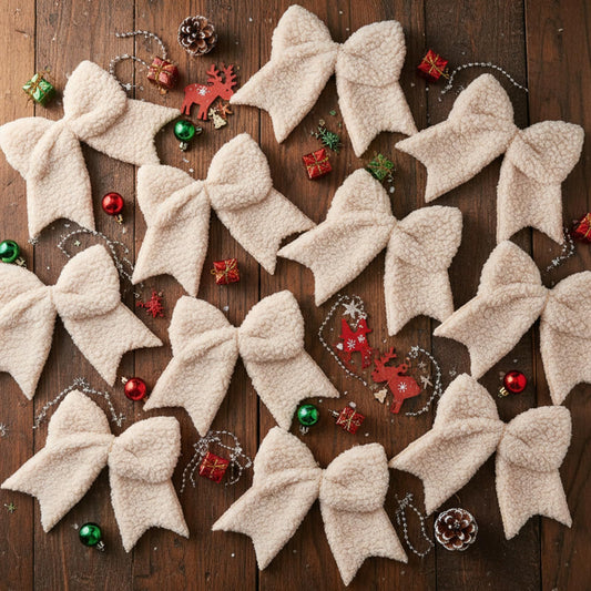 Tudomro 12 Pcs Natural Christmas Bow Tree Ornaments 6 Inch Rustic Plush Christmas Tree Decor Lambswool Bows Ornaments for Xmas Garland Wreath DIY Craft Decorations
