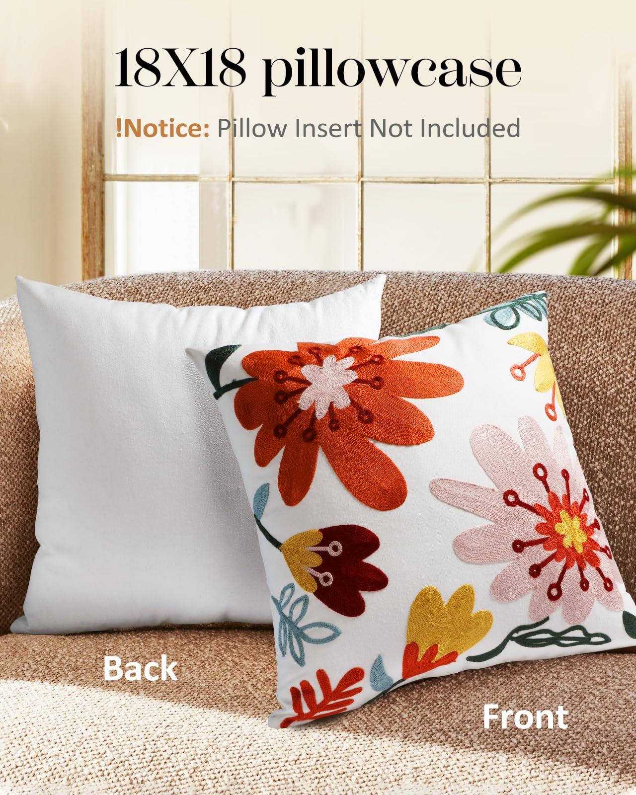 Kokaaee Embroidered Throw Pillow Cover - 18x18 Decorative Pillow Cover with Zipper Aesthetic Cute Design Boho Spring Summer Cozy Throw Pillowcase for Living Room Couch Sofa Bed, Artistic Flowers
