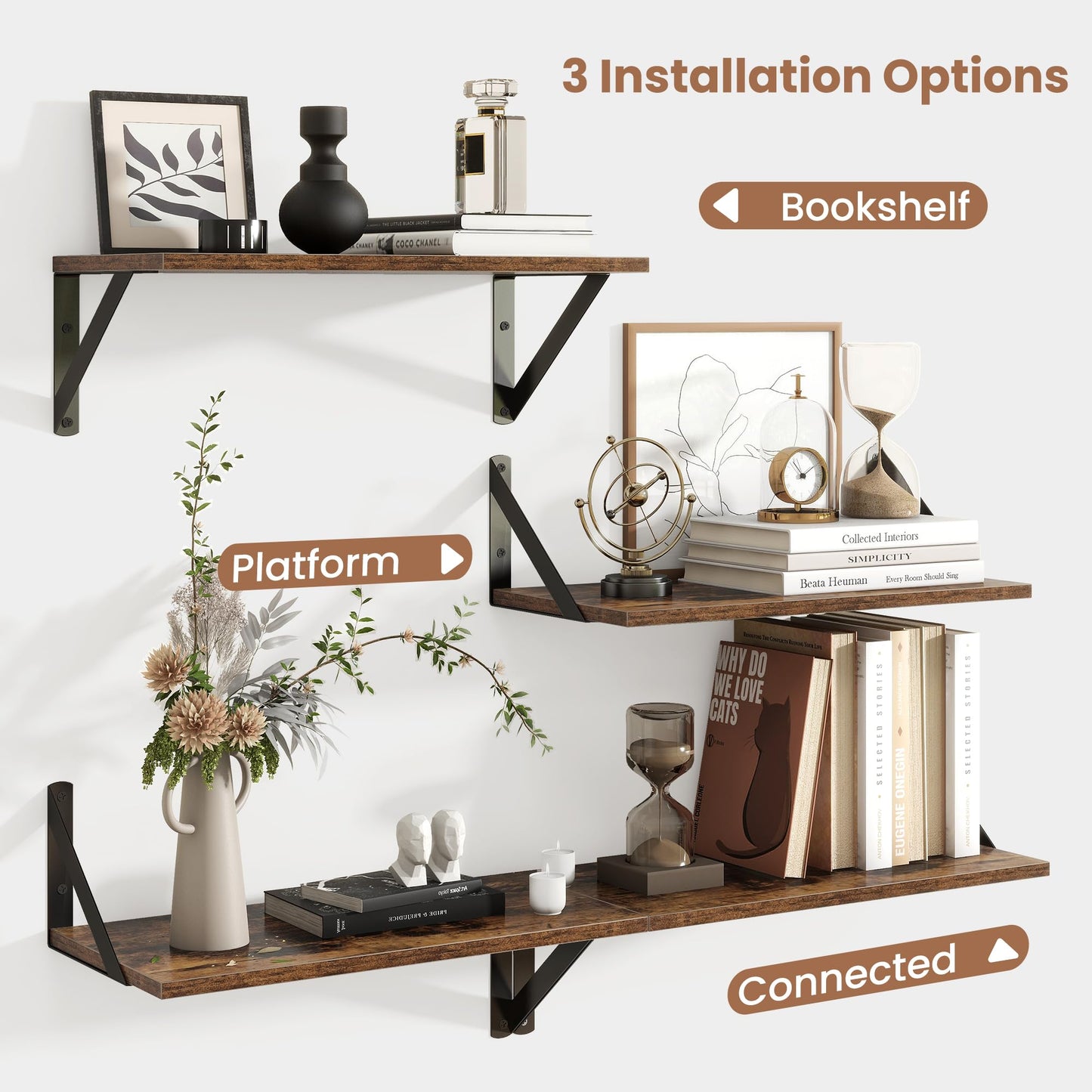 Axeman Floating Shelves for Wall, 8 Inch Deep Brown Wall Shelves Set of 2, 16''W x 8''D Rustic Brown Wood Shelves for Bookshelf Living Room Bedroom Home Office Bathroom