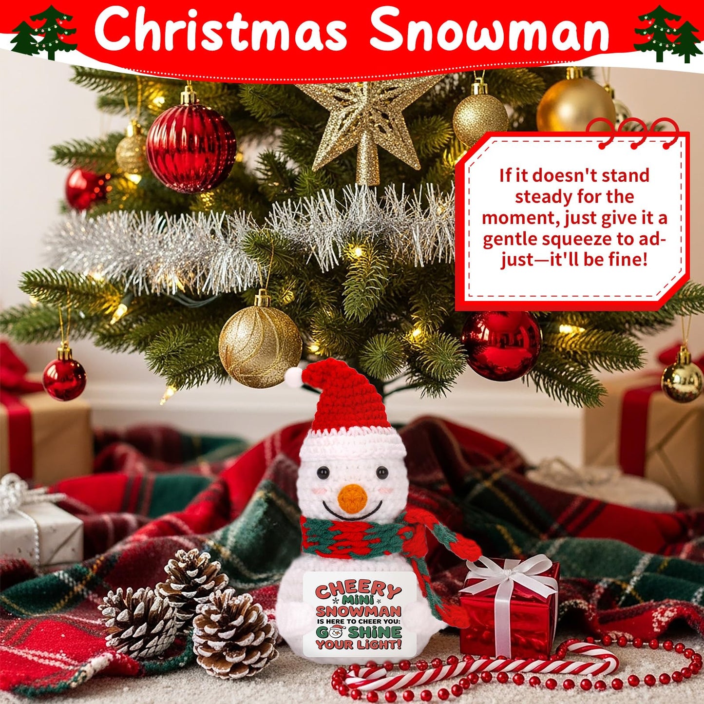 FunisFun Positive Snowman Crochet Doll, Adorable Snowman Christmas Decorations for Xmas Tree Party Favor Holiday Gift (Red)