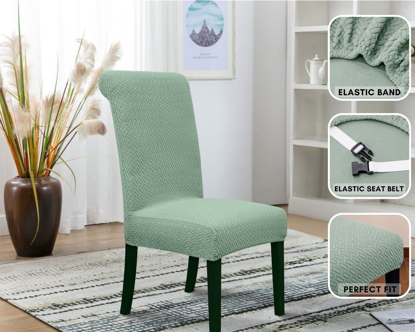 SPRINGRICO 4 Pack Dining Room Chair Covers with seat Belt, Stretch Parsons Chair Slipcover Washable Kitchen Dining Chair Cover Removable Seat Protector Set of 4, S3- Green