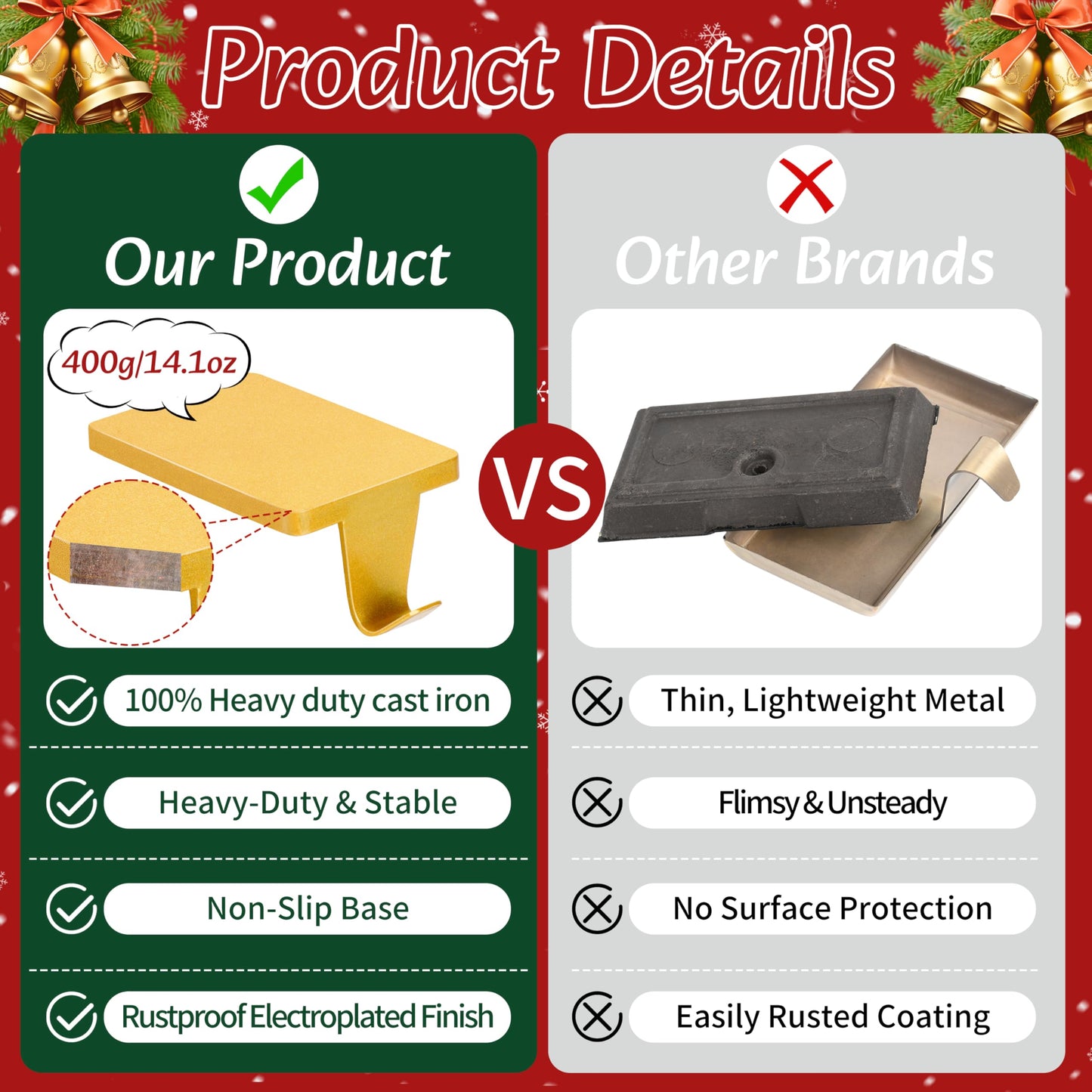 Palonu 2Pcs Gold Christmas Stocking Holders, Heavy Duty Mantle Hangers Cast Iron Hanging Hooks with Non-Slip Pad,Christmas Ornaments Xmas Holiday Decoration Shelf Window Fireplace Mantel Decor