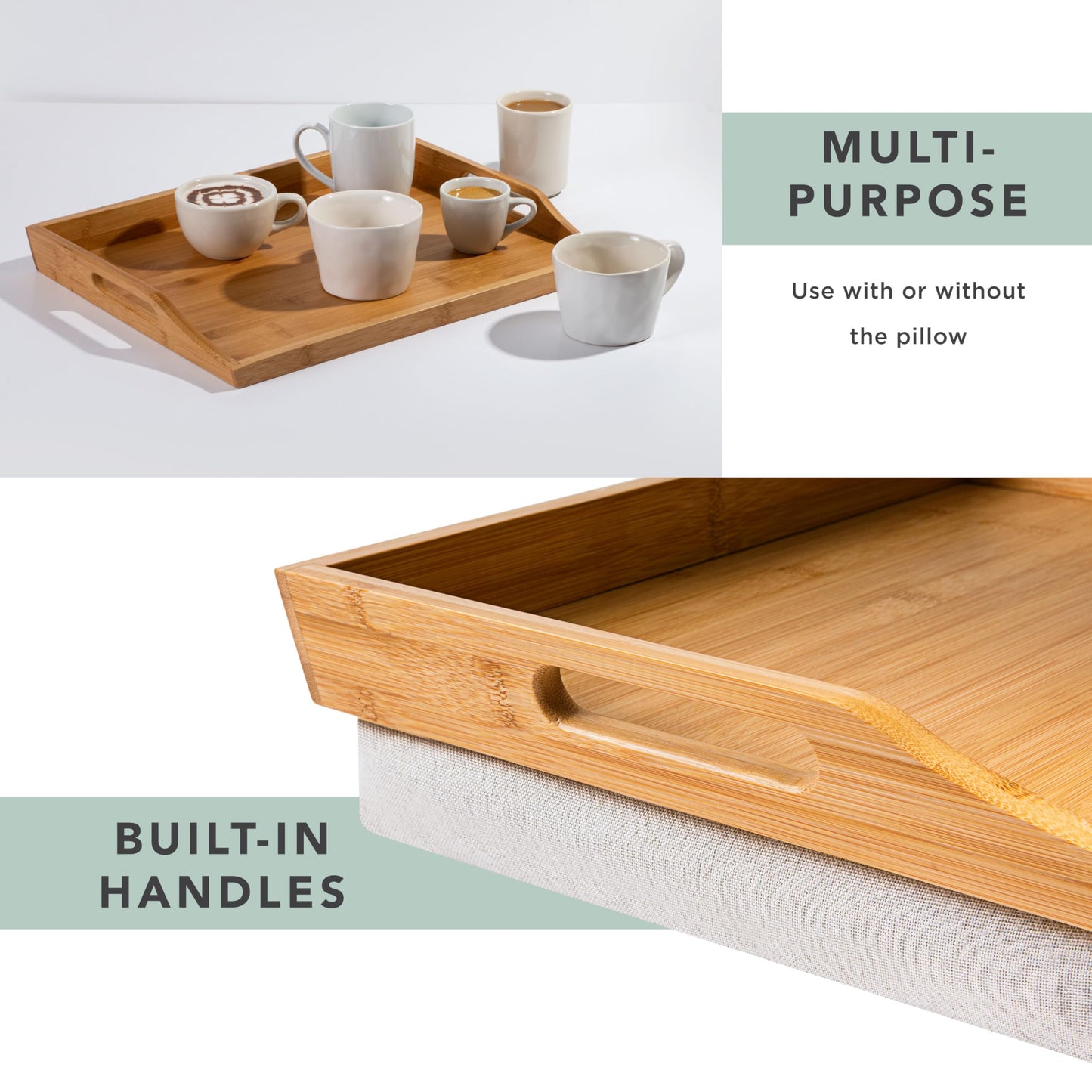 ROSSIE HOME Bamboo Wood Bed Tray, Lap Desk with Detachable Cushion, Serving Tray - Natural - Fits up to 15.6 Inch Laptops - Style No. 76107
