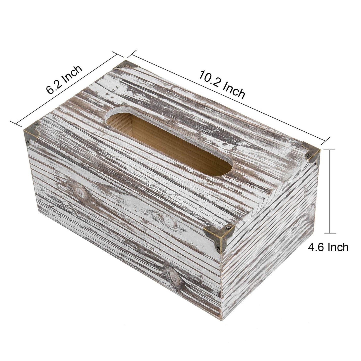 Liry Products Rustic Dark Brown Distressed Wood Facial Tissue Paper Box Metal Corner Brackets Hinge Lid Top Cover Holder Standard Size Rectangular Napkin Dispenser Bathroom Kitchen Bedroom