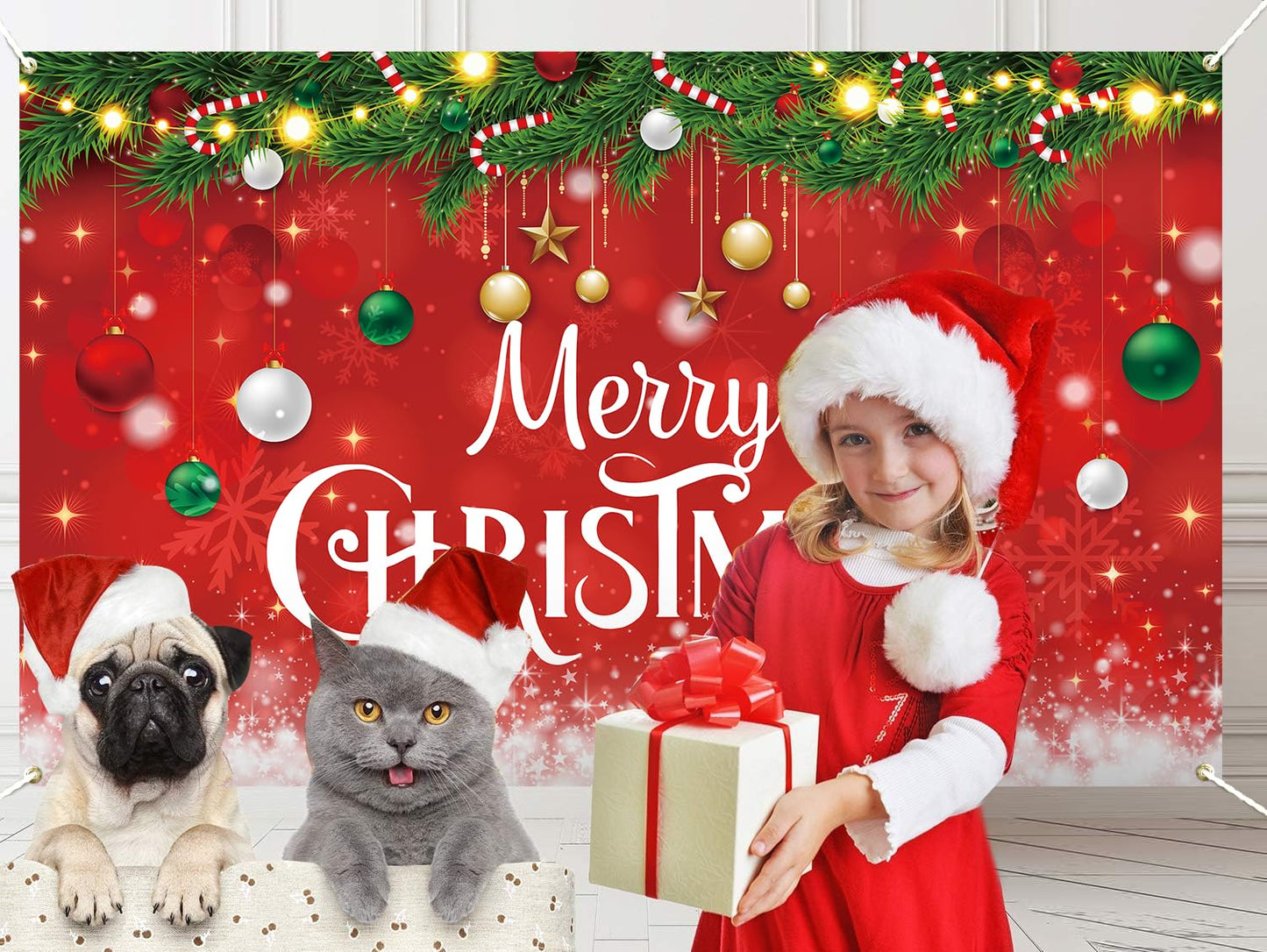 Merry Christmas Banner, Large Christmas Decorations Photo Banner Signs for Winter Indoor Outdoor Hanging Decor Wall Office Home Classroom, Red