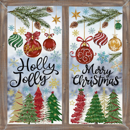Heirloom Haven 6 Sheets Christmas Window Clings Stickers, Oil Painting Xmas Tree Ball Pine Needle Window's Decals Winter Snowflake Stickers for Home Office Glass Window Decoration