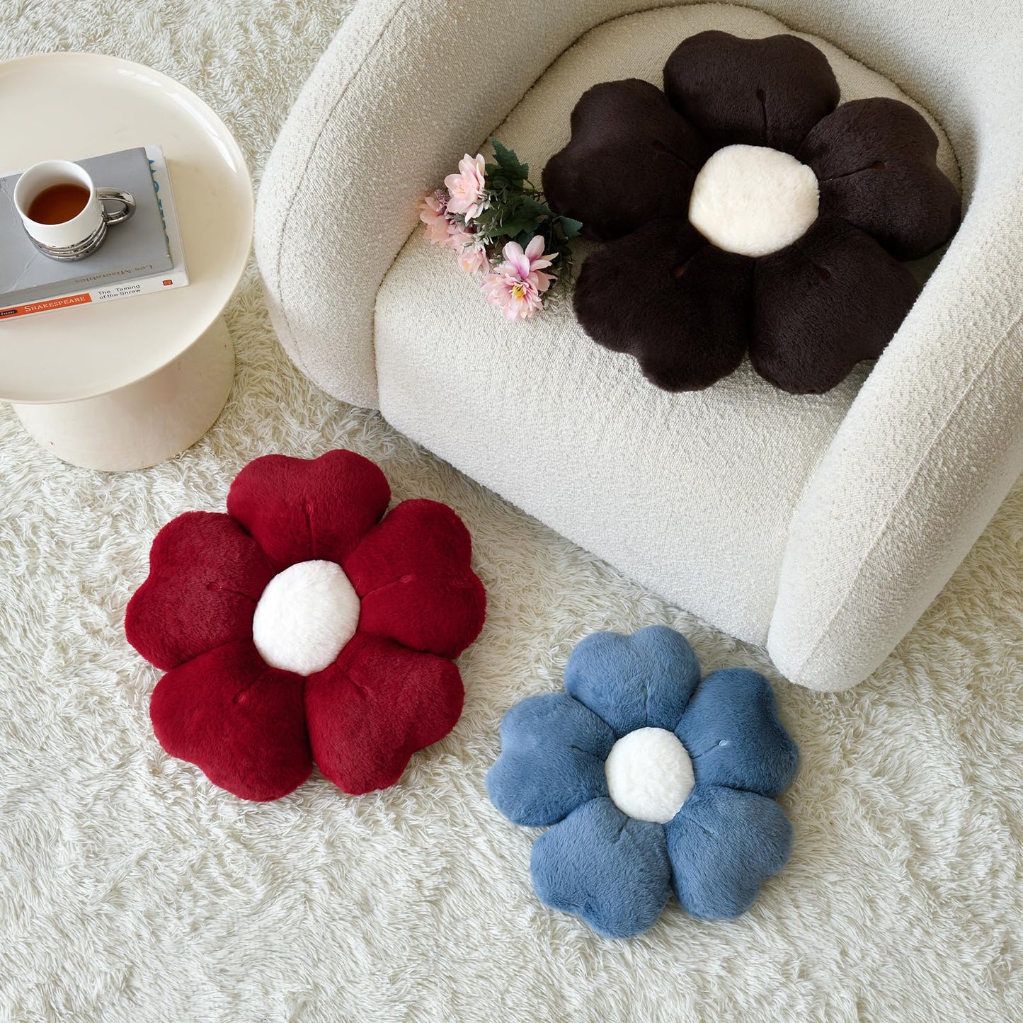 Flower Shaped Pillow, Cute Decorative Throw Pillows with Soft Rabbit Fur for Couch Bed Chair Floor, Christmas Pillow Seating Cushions with Room Décor for Bedroom Living Room(19.6 Inches, Brown)
