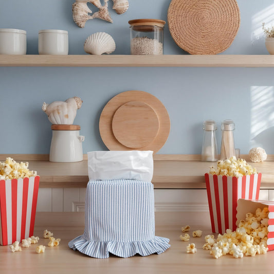 Sawysine Fabric Coastal Tissue Box Cover Light Blue White Linen Tissue Box Cover Decorative Beach Square Napkin Holder for Home Bedroom Living Room Bathroom Office Kitchen