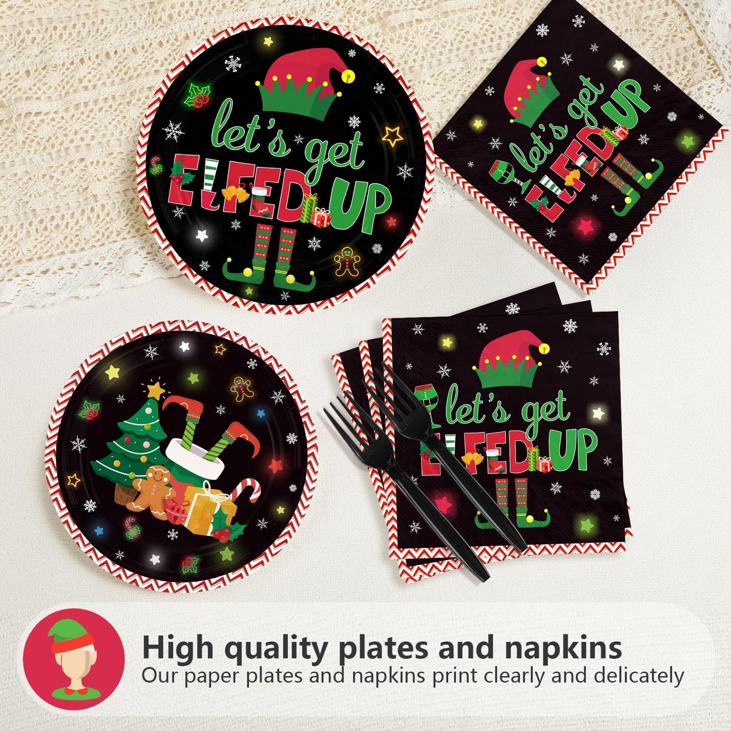 Greencian 96Pcs Winter Let's Get Elfed Up Party Decorations Santa Elf Paper Plates and Napkins Merry Christmas Disposable Tableware for Xmas Elf Party Decorations Supplies Serve 24