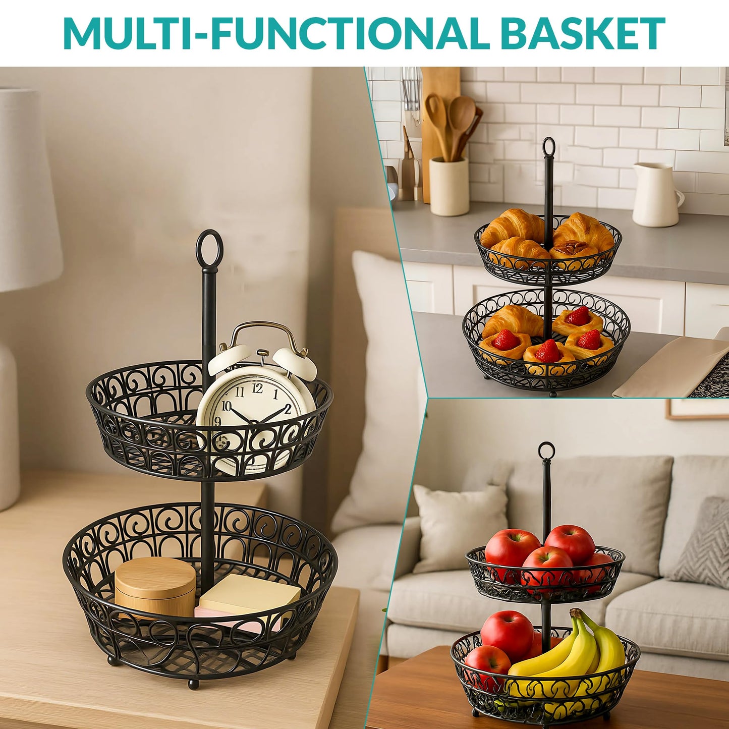 SDZOREN Large 2-Tier Fruit Basket for Kitchen Counter – Easy to Assemble, Antique Black, Stackable Fruit and Vegetable Storage Bowl (2 Layers)