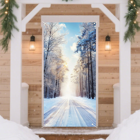 Nuxovilar Christmas Door Cover for Front Christmas Door Decorations Festive Snowy Forest Road Winter Holiday Decor for Home Indoor Outdoor (35x71 Inches)