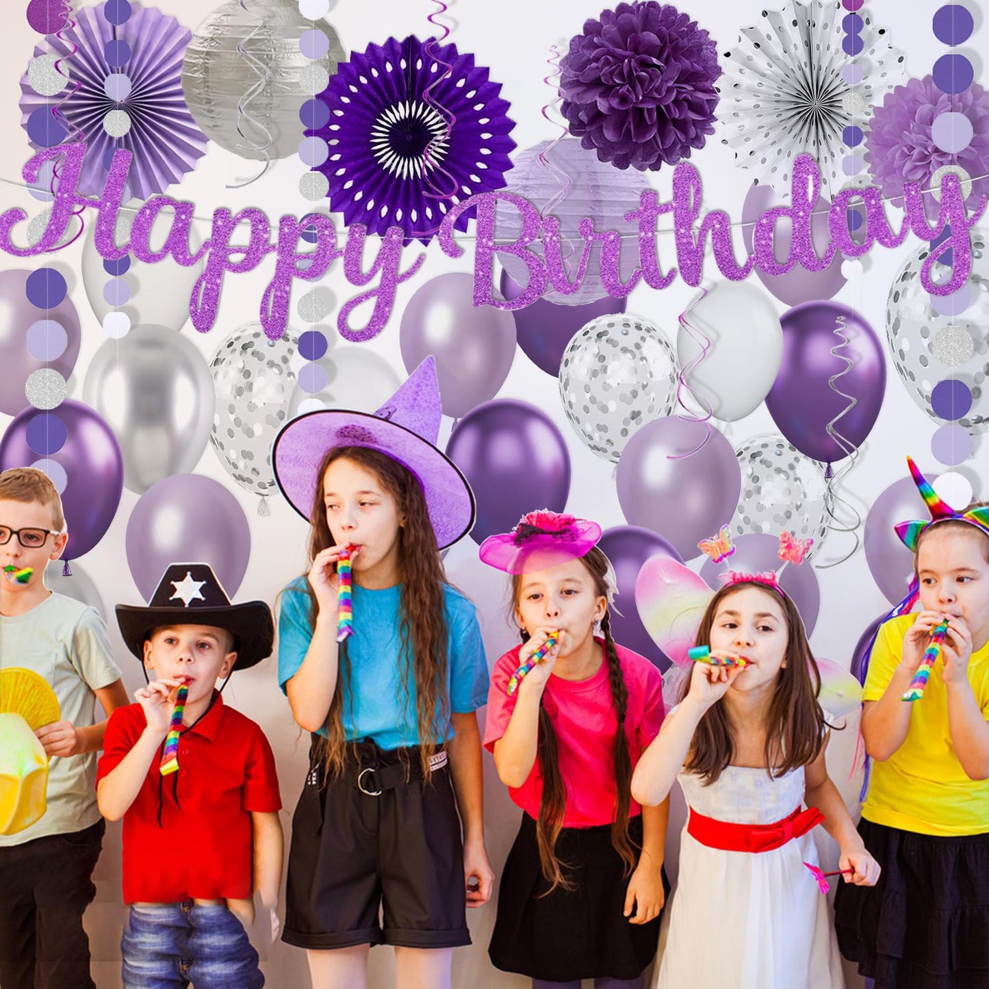 Purple Silver Birthday Party Decorations Kit with Happy Birthday Banner, Paper Lanterns, Streamers, Tissue Pom Poms, Honeycomb Flower Fans, Silver and Purple Balloons, & More for Women Girls' Party