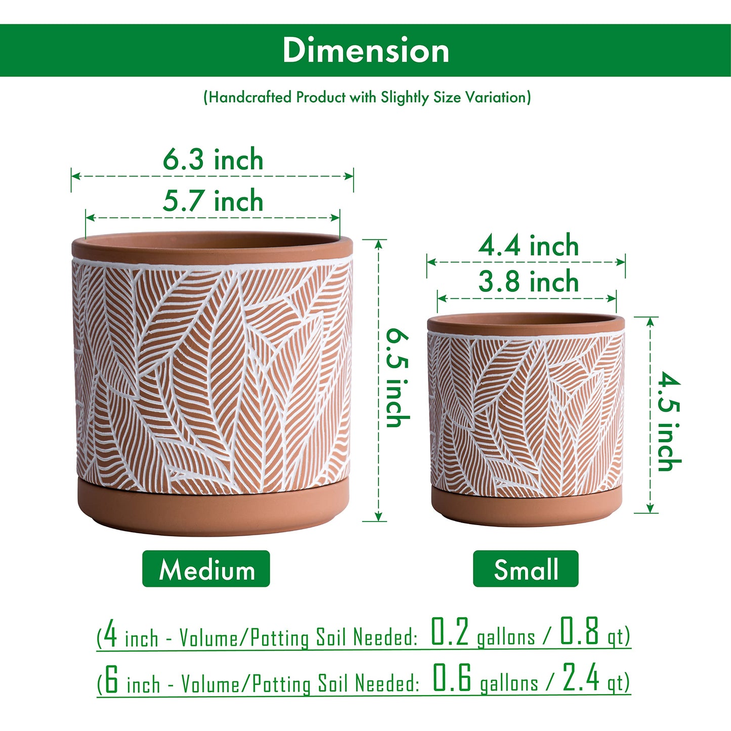D'vine Dev Set of 2 Terracotta Pots, Leaves Pattern Planter Pot, 4 Inch and 6 Inch, Pot with Drainage Hole and Saucer, Terracotta/White, 31-958-I-1