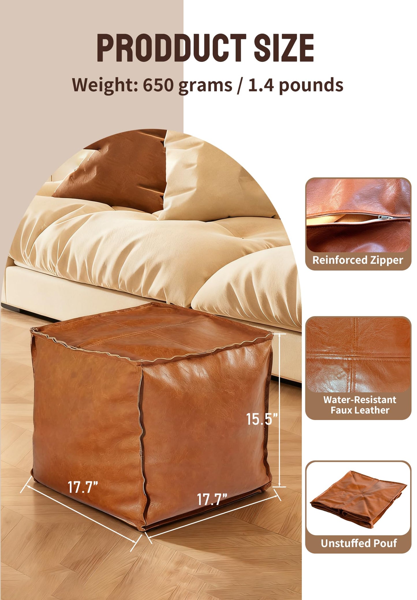Unstuffed Pouf Ottoman Cover – 17.5in Square Handmade Moroccan Faux PU Leather Ottoman Cover – Tear-Resistant Waterproof Pouf Cover Only, No Filler, for Living Room, Bedroom, Dorm, Office – Brown