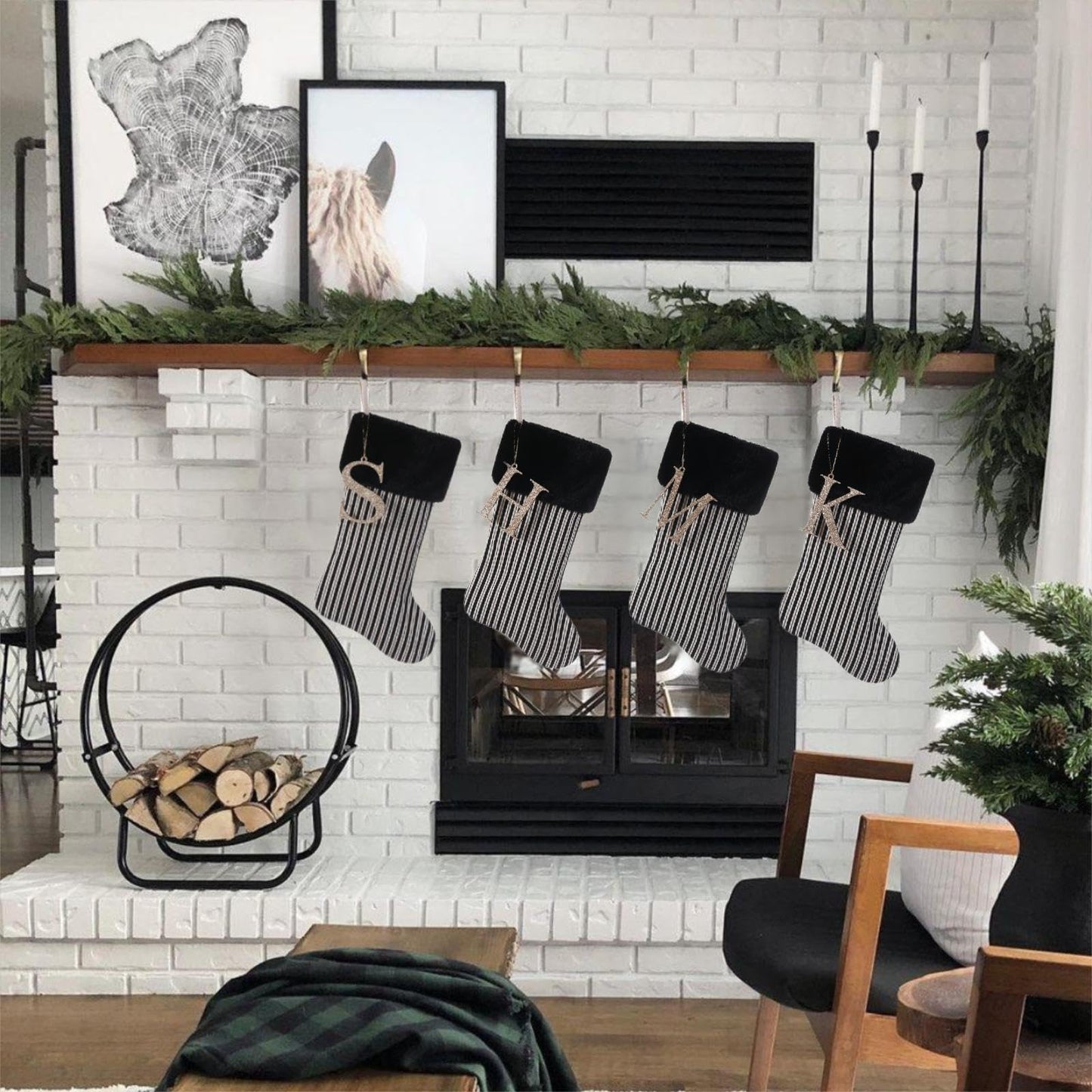 JKSVE 20 Inch Black Vertical Stripe Christmas Stocking, Personalized Gold Wooden Initial Monogram Christmas Stocking,Christmas＆Halloween Holiday Party Decor（A）
