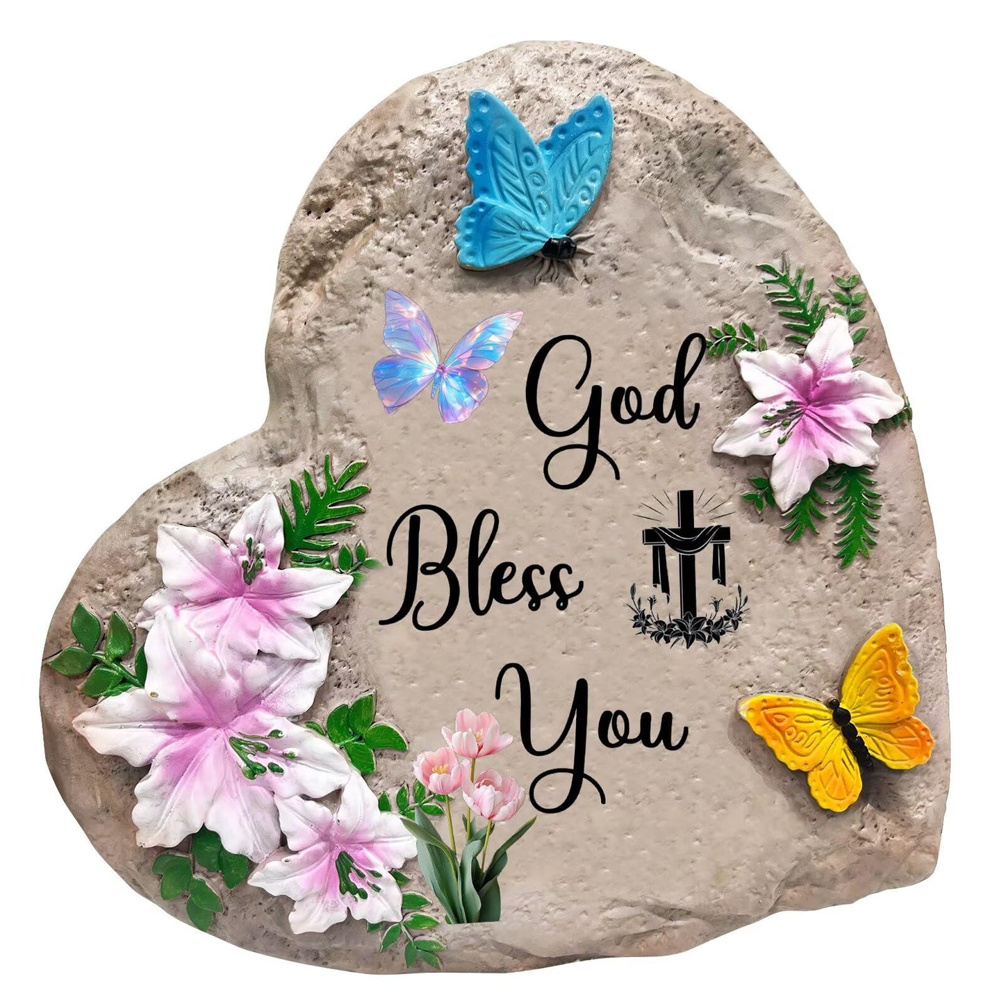 God Bless You-Resin Stepping Stone,Outdoor Garden Pathway Decoration,Heart Shaped Decorative Stone for Garden,Walkway Sculpture Yard Art for Patio,Home Decor