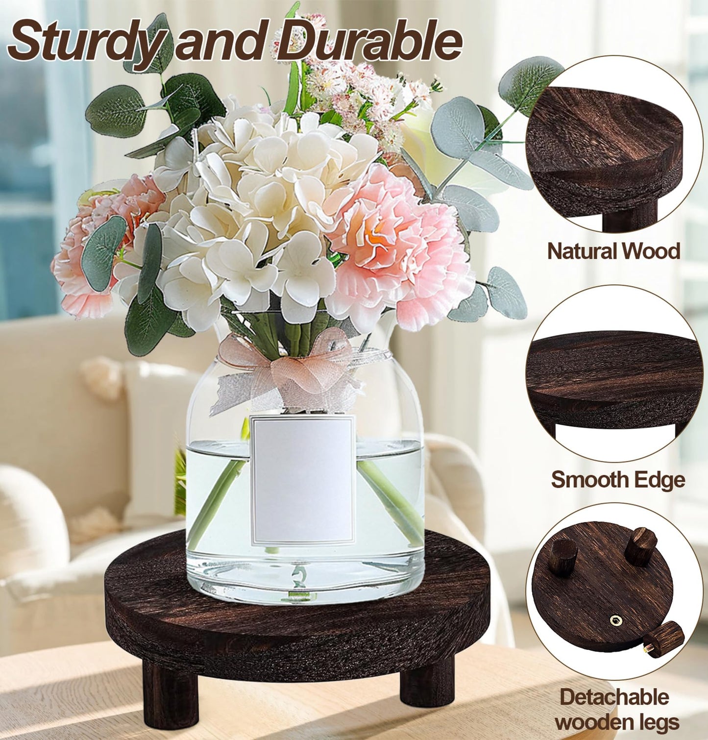 LINGXIANSENG 3 Pcs Wooden Risers for Display, Round Wood Riser Plant Stand 5/6/8" Pedestal Stand, Flower Pot Holder Small Planter Tray for Kitchen Home Décor (Rustic Brown)