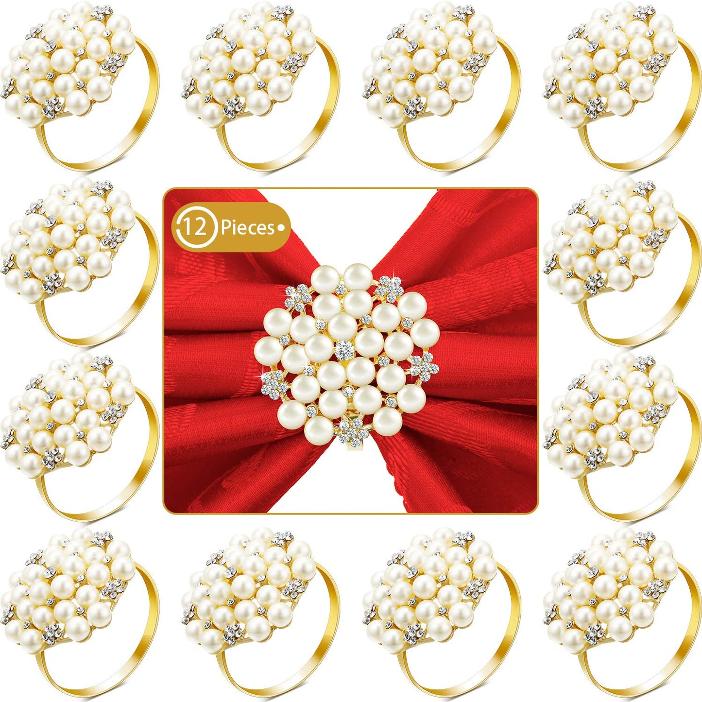 Hotop 12 Pcs Gold Napkin Rings Pearls and Flower Napkin Buckles Rhinestone Bling Round Holders for Wedding Party Dinner Holiday Banquet Christmas Thanksgiving Day Home Table Decoration