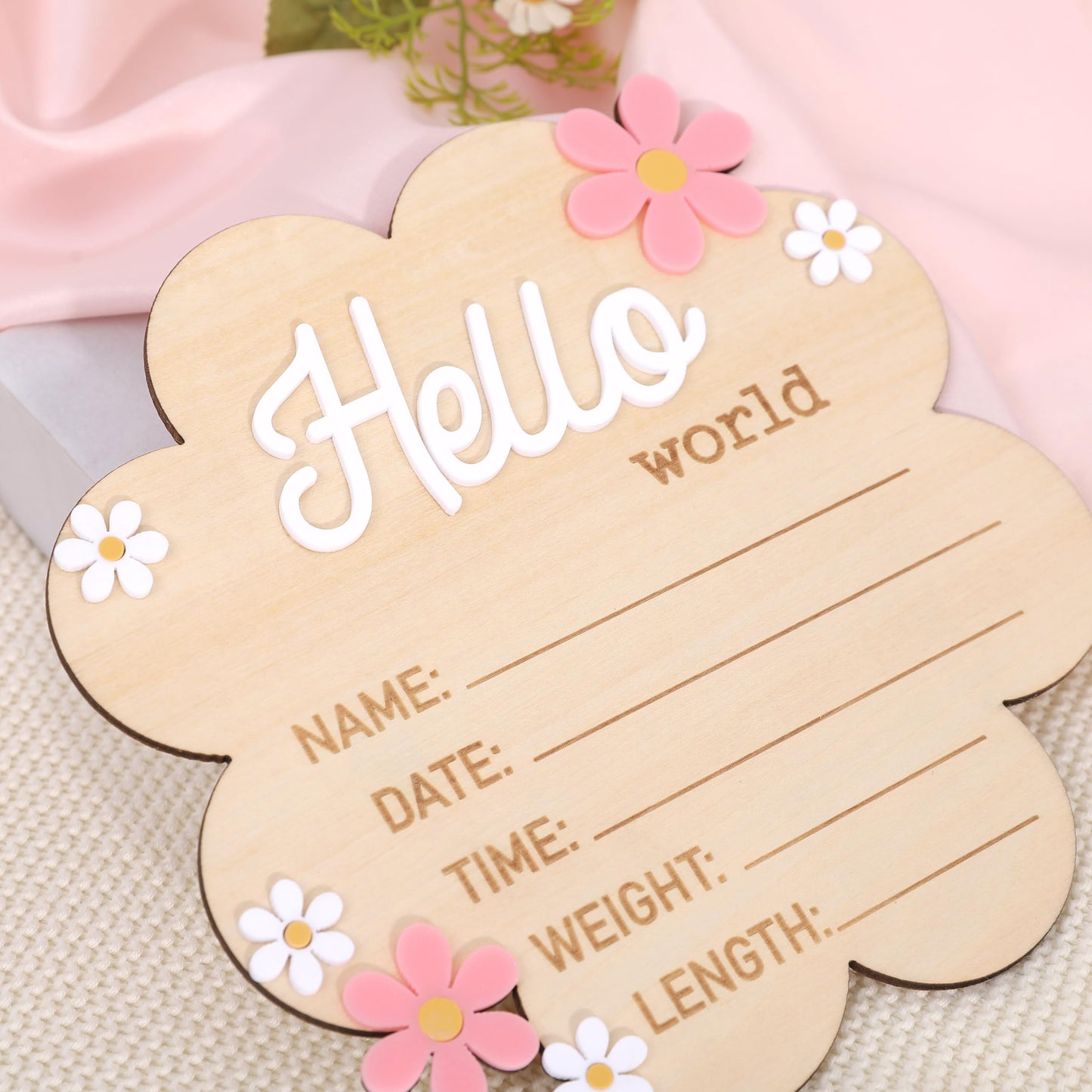 Hello World Newborn Sign - Wooden Baby Name Announcement Board, Daisy Design, Gender Neutral Nursery & Hospital Photo Props Keepsake Gift
