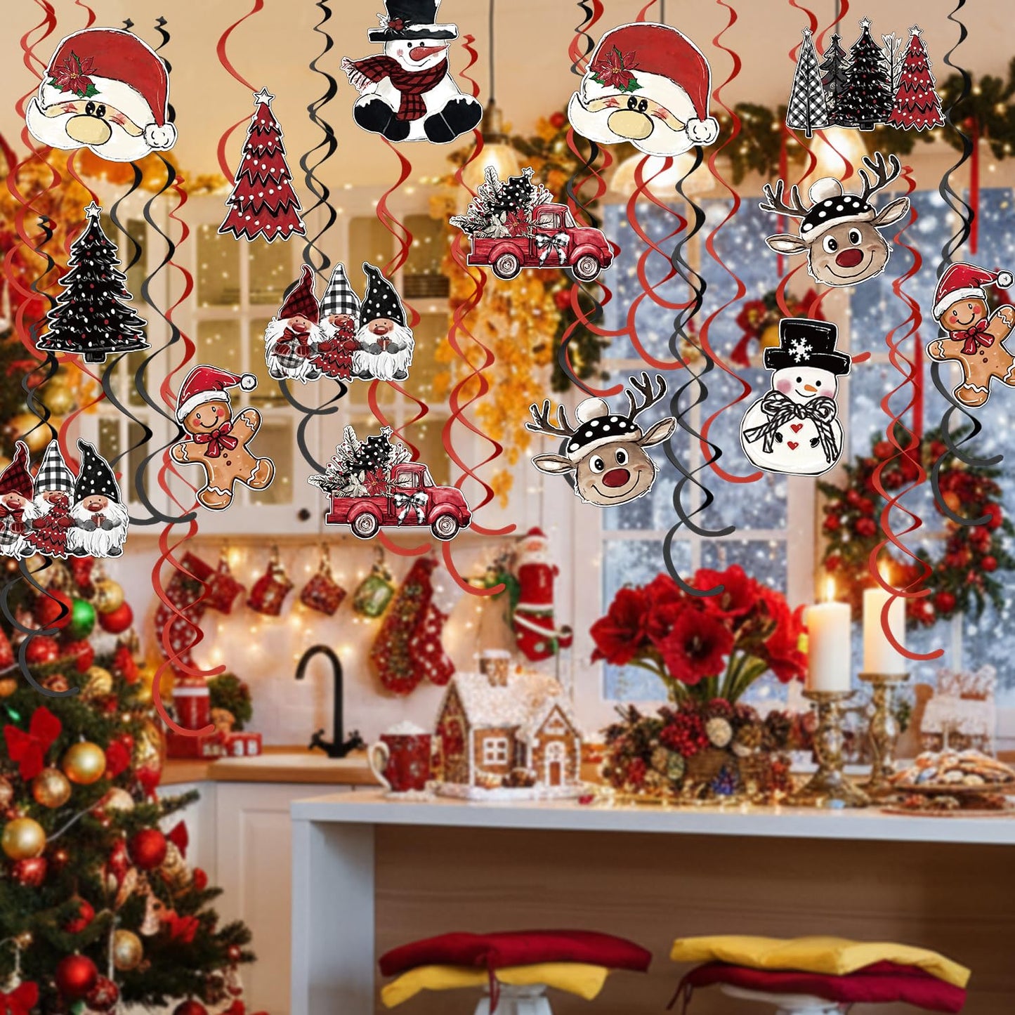 Horaldaily Christmas 30 Pieces Party Hanging Swirl Decorations, Christmas Trees Truck Snowman Santa Claus Gnome Party Hanging Swirls Streamers Ceiling Decor for Home Office Classroom School Supplies