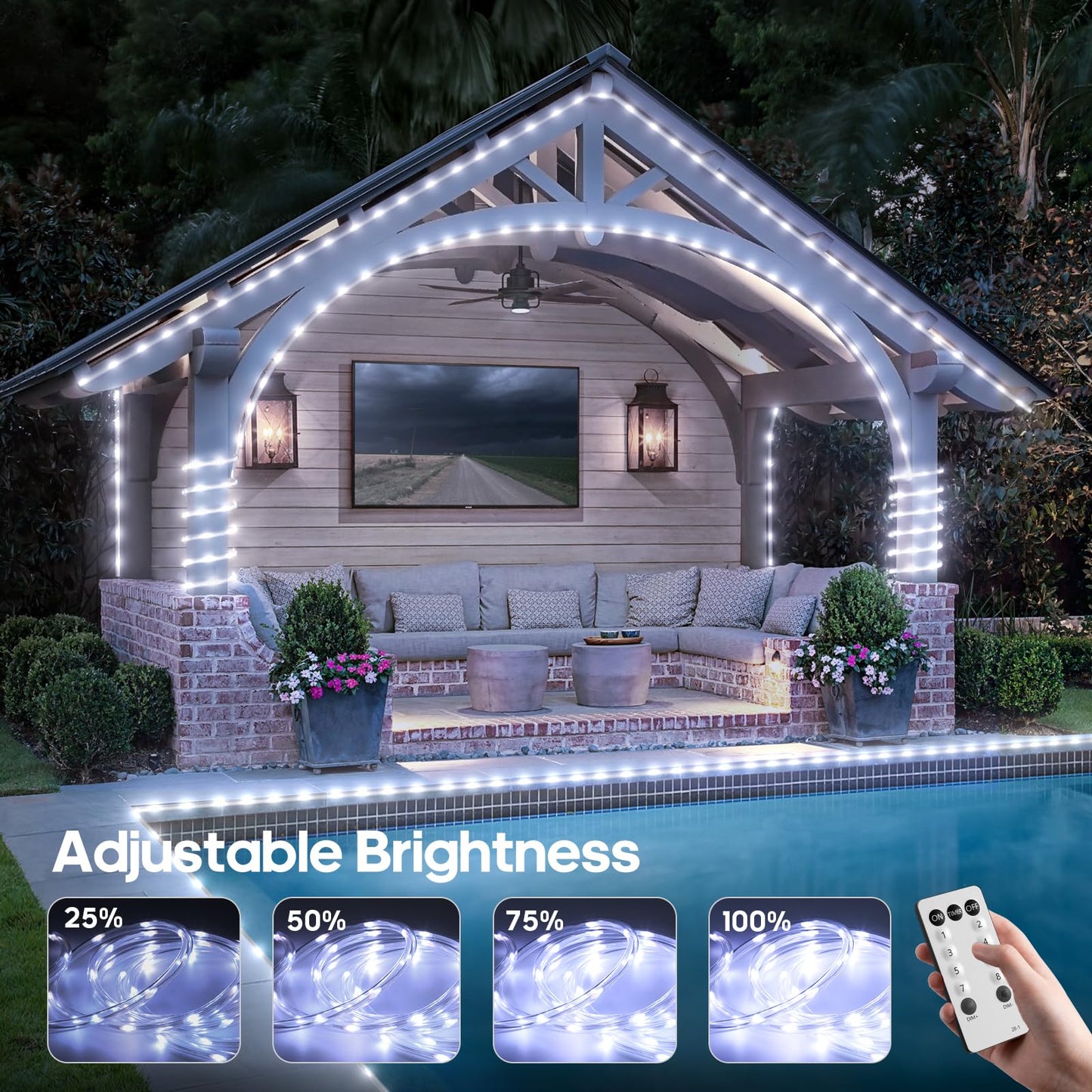 Soiarllt 100Ft 720 LED Rope Lights Outdoor Waterproof with Remote, 8 Modes and 4 Brightness Rope Lights for Outside, Garden, Patio, Pool, Bedroom, Party, Indoor Outdoor Decoration (Cool White)