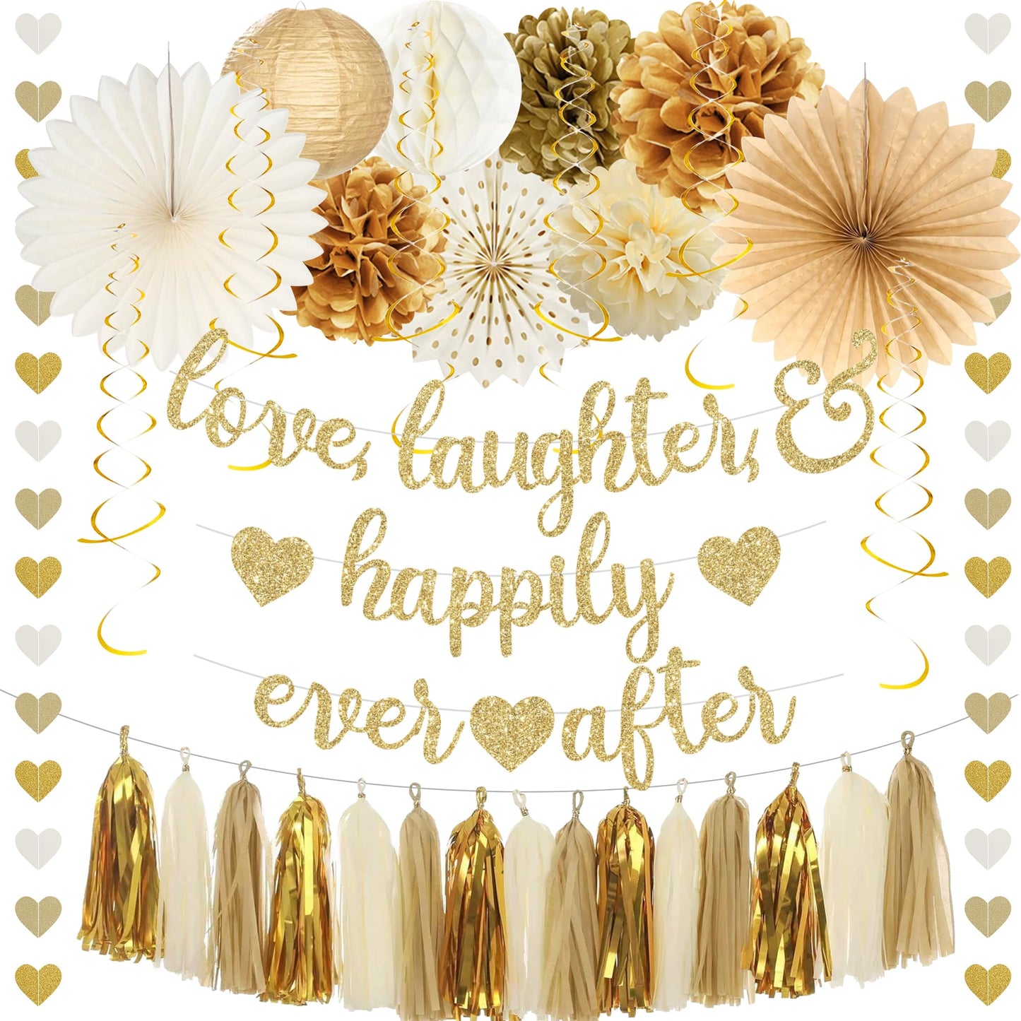 Roetyce Engagement Party Decorations, Gold Glitter Love Laughter & Happily Ever After Banner for Bridal Shower, Wedding Bachelorette Party Backdrop, Almost Married/Just Engaged Photo Background Decor