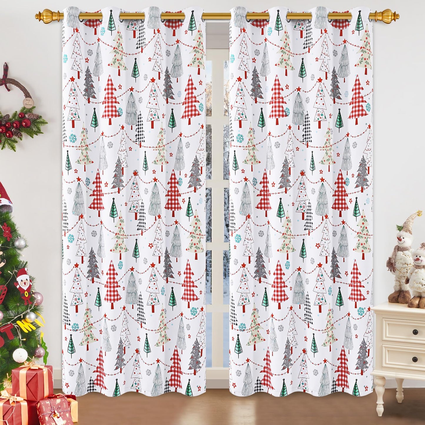 ASPMIZ Christmas Blackout Curtains for Living Room, Christmas Tree Window Curtains for Bedroom, Grommet Room Darkening Winter Curtain 84 Inch Length 2 Panels Set, 52'' x 84'', Red