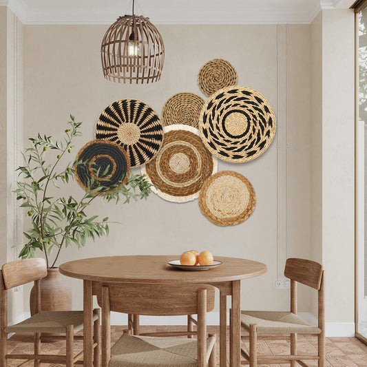 PieJoFpy 7 Pcs Boho Wall Art Decor Hanging Handcrafted Seagrass Woven Basket Wall Decor Round Bohemian Basket Wall Art Set for Farmhouse Home Room Rustic Decorations Table, Multi Sizes