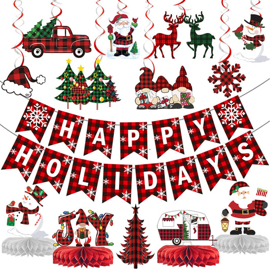 Happy Holidays Banner Buffalo Plaid Christmas Decorations Happy Holidays Decorations for Christmas Buffalo Plaid Decor