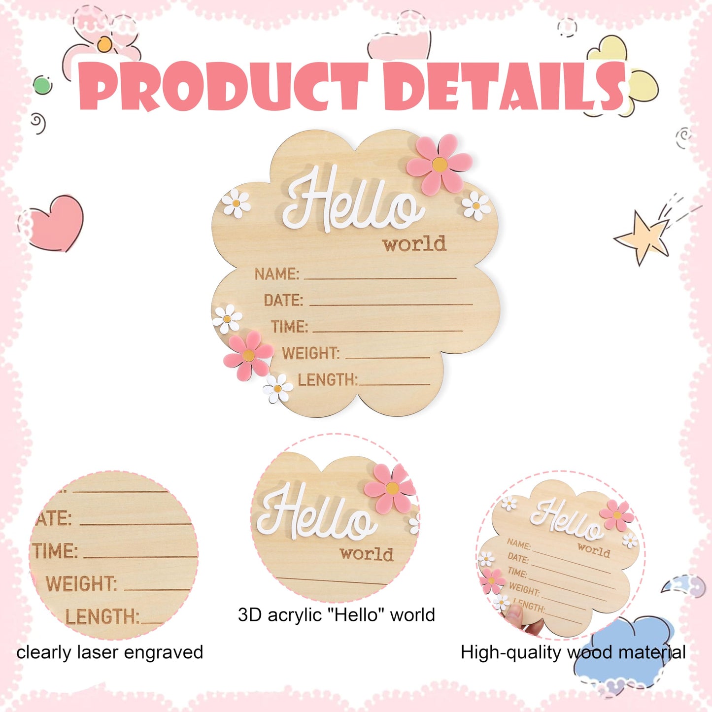 Hello World Newborn Sign - Wooden Baby Name Announcement Board, Daisy Design, Gender Neutral Nursery & Hospital Photo Props Keepsake Gift