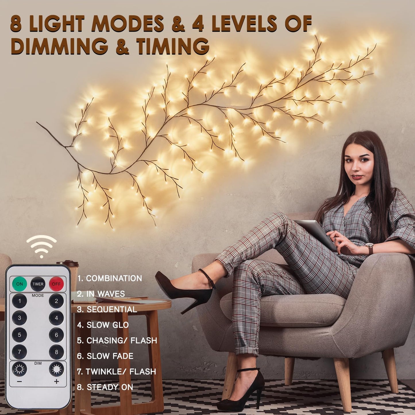 Bexdir Enchanted Willow Vine Lights 9.3ft 160LED, Vines for Home Decor Lighted Tree for Walls in 8 Modes & Timer, Branches Lights for Halloween Christmas Holiday Decor Indoor with Timer