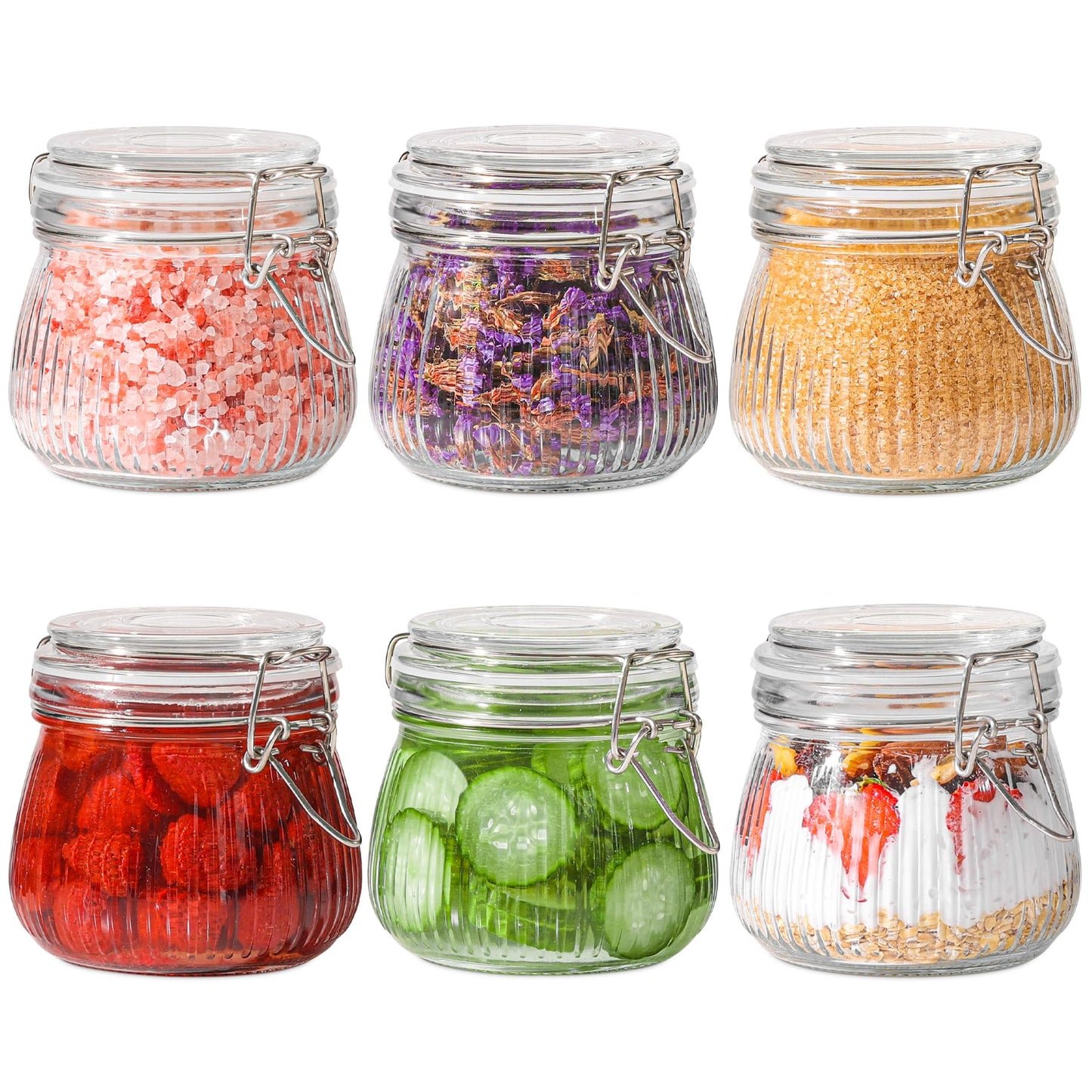 ComSaf 6-Pack 17oz Ribbed Glass Storage Jars with Airtight Clamp Lids, Decorative Wide Mouth Pint Canisters for Jam, Spices, Nuts, Snacks - Ideal for Kitchen Pantry and Drawer Organization