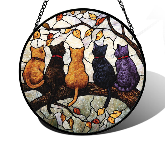 DASTOLL Stained Glass Window Hanging - 5 Cats on a Branch Suncatcher for Window Doors Home Decoration and Christmas, Mother's Day Father's Day Birthday Gifts for Women, Men, and Mom 9.8x9.8 in