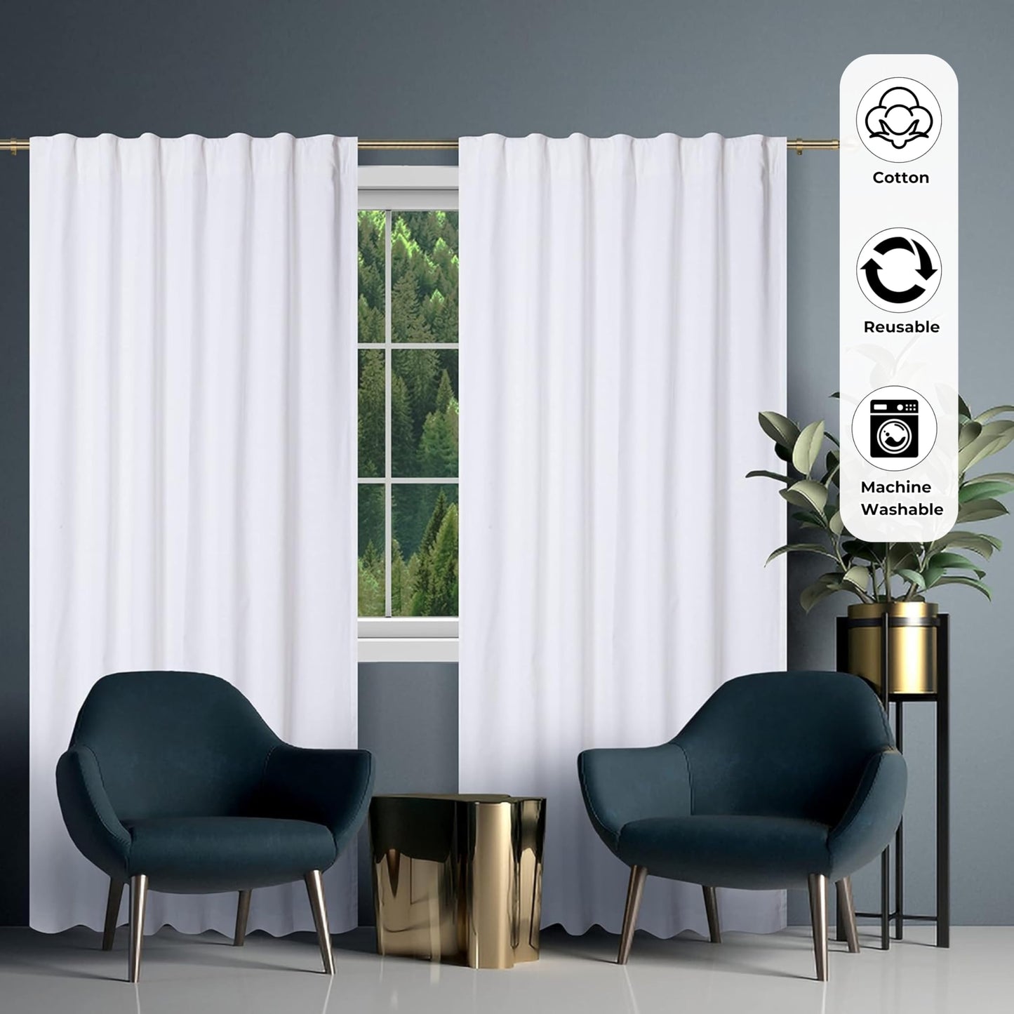Bedding Craft White Cotton Curtains,63 Inch Tab Top Cotton Curtain Set 2 – 50x 63 Drapes for Living Room, Bedroom, Dining Room – Set of 2, Elegant White Panels