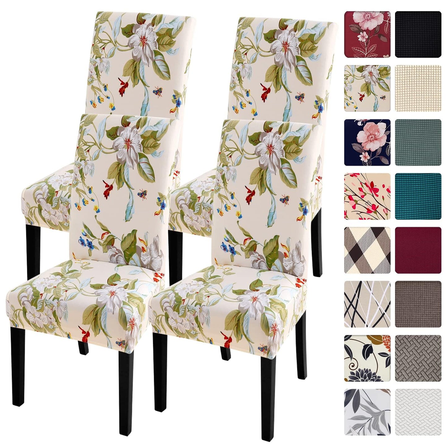 SearchI Chair Covers Slipcovers Set of 4, Spandex Super Fit Stretch Removable Washable Kitchen Parsons Protector for Dining Room,Hotel,Ceremony,Beige+Flowers