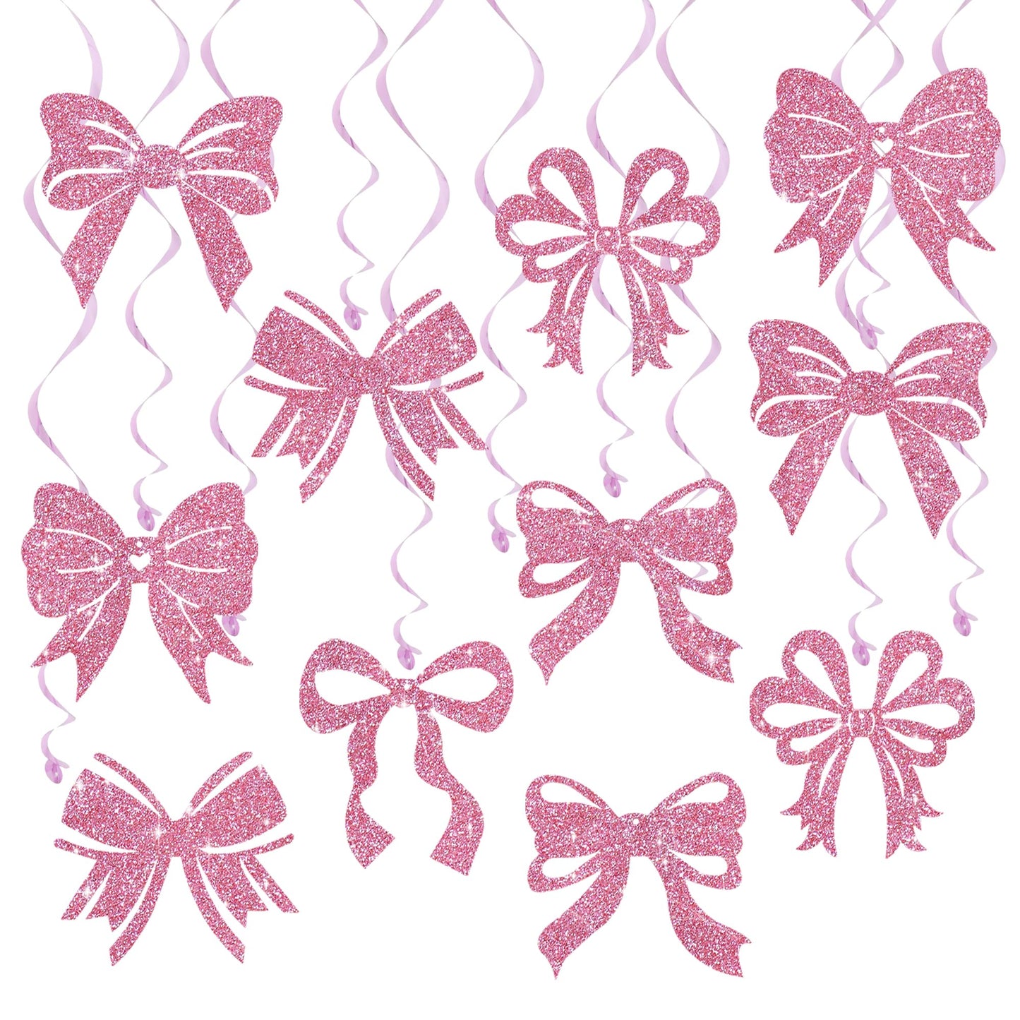 BEISHIDA Pink Bow Party Hanging Swirls Decorations, 18PCS Glitter Bow Party Decorations for Birthday Wedding Baby Shower Bachelorette Supplies