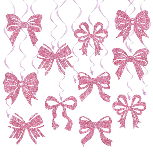 BEISHIDA Pink Bow Party Hanging Swirls Decorations, 18PCS Glitter Bow Party Decorations for Birthday Wedding Baby Shower Bachelorette Supplies