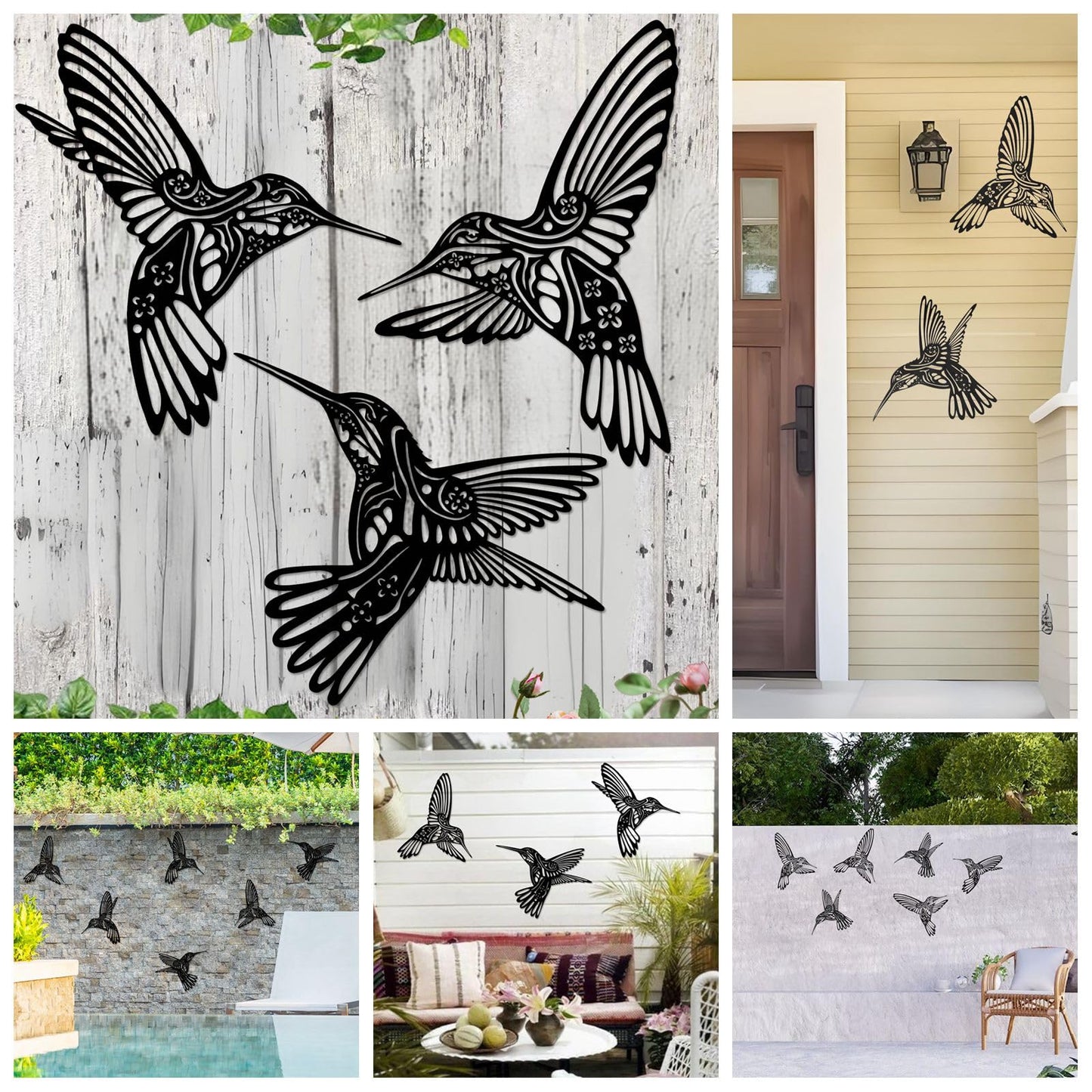 QZGXDECO Set of 3 Metal Hummingbird Wall Decor, 3D Iron Bird Wall Art for Outdoor Garden Fence, Patio & Yard Decorations, Large Hanging Sculptures for Living Room & Home, Gifts for Bird Lovers