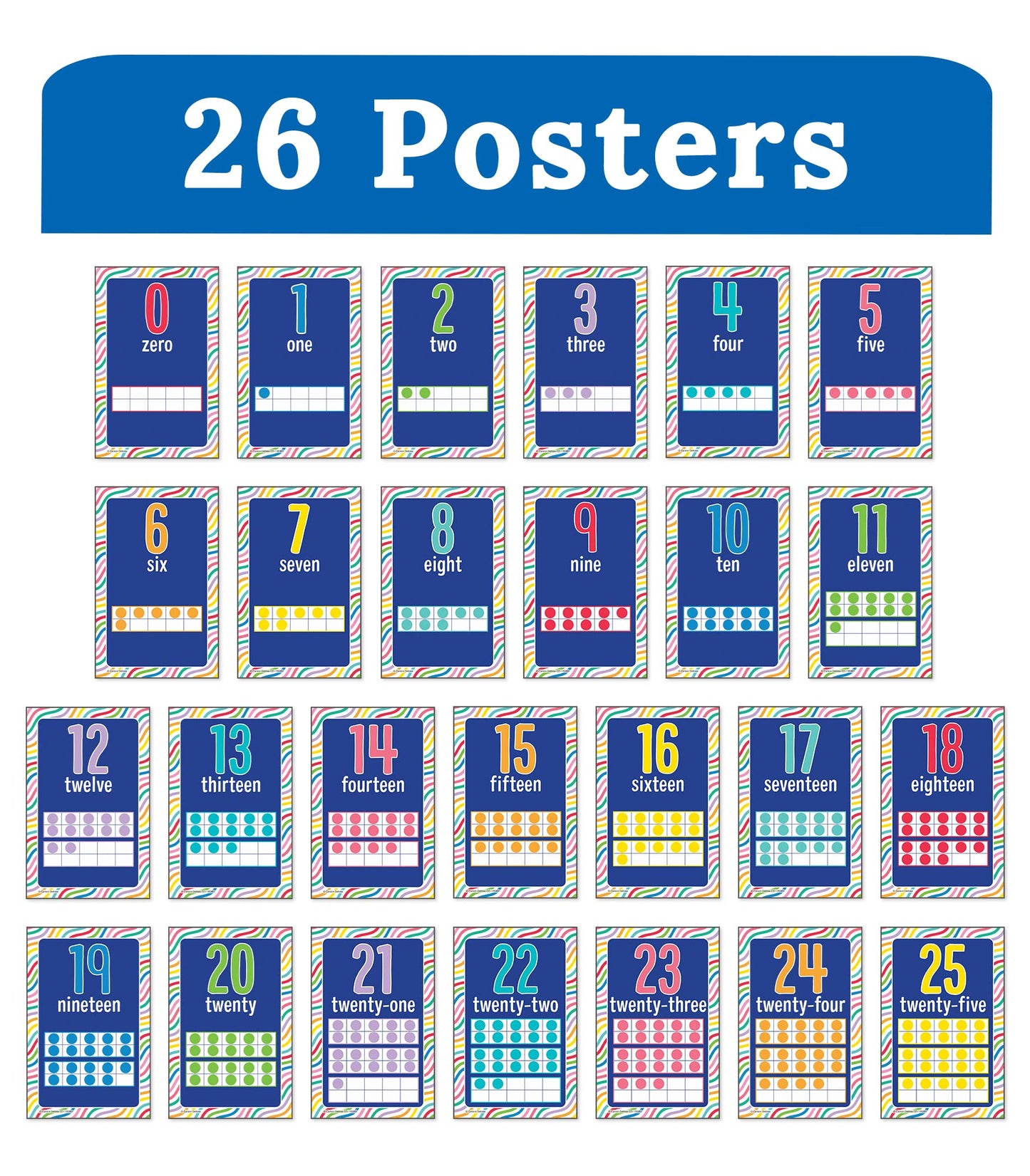 Carson Dellosa 26-Piece Number Charts, 8.5" x 11" Math Posters, 0-25 Mathematics Wall Decor for Bulletin Board, Classroom, Office Decorations, Teacher Supplies