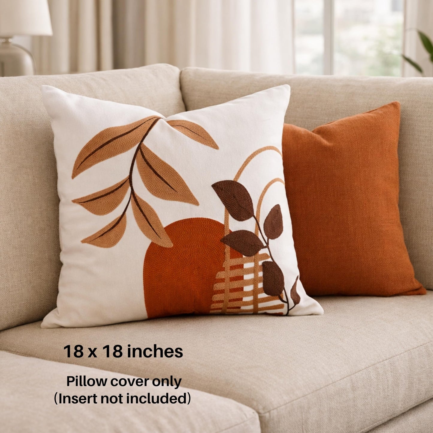 AYAY Decorative Velvet Throw Pillow Cover 18x18 Inch – Off White with Brown & Rust Embroidered Abstract Design, Warm Neutral Boho Accent Cushion, Hidden Zipper, Cover Only
