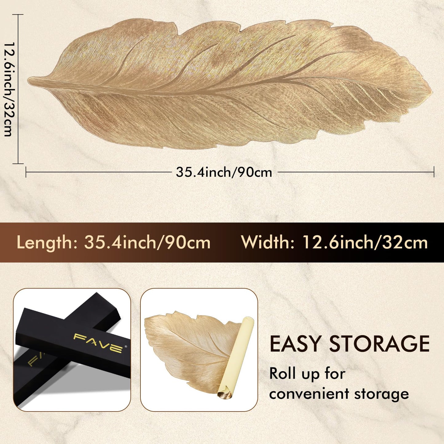FAVE Gold Small Table Runner 36 Inch Heat Resistant Vinyl Table Cover for Dinner Party Wedding Decor (Leaves)